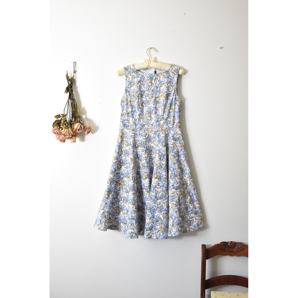 Anni Coco Blue Baroque Scroll‎ Print Sleeveless Fit and Flare Midi Dress Size M